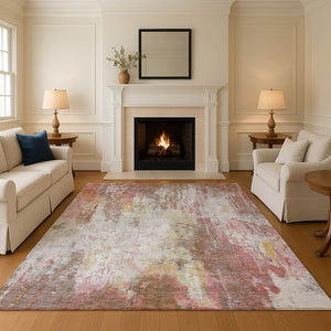 HomeRoots 8' X 10' Tan Mauve & Ivory Abstract Washable Area Rug with Stain Resistance & UV Protection 695718