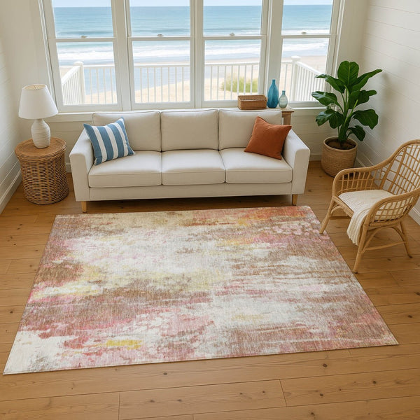 HomeRoots 8' X 10' Tan Mauve & Ivory Abstract Washable Area Rug with Stain Resistance & UV Protection 695718