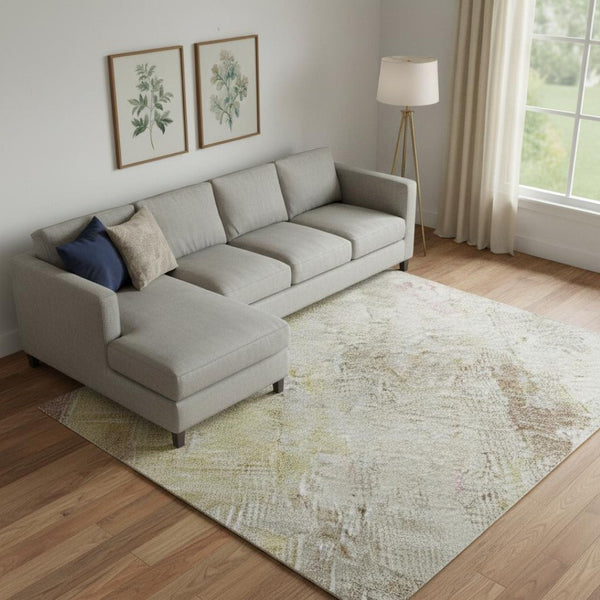 HomeRoots 9' X 12' Washable Tan Mauve Ivory Abstract Area Rug with UV Protection for Kids & Pets' Spaces 695719