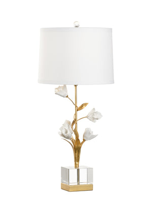 Chelsea House Large Tulip Lamp — Hand-Formed Porcelain Blooms On Gold Leaf Stem With Crystal Accents, 31"H 69572