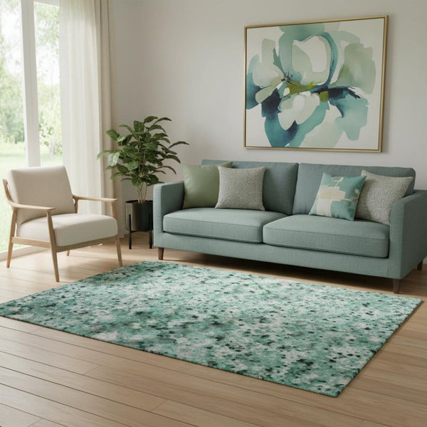 HomeRoots 5' X 8' Teal Peach Ivory Abstract Washable Area Rug – UV Protected, Durable, and Easy to Clean 695722
