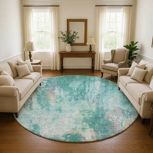 HomeRoots 8' Teal Peach And Ivory Round Area Rug - Modern Abstract Design with Stain Resistance & UV Protection 695723