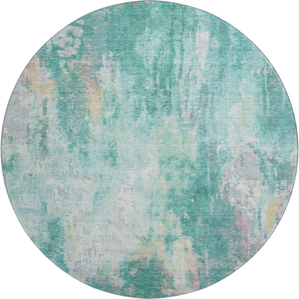 HomeRoots 8' Teal Peach And Ivory Round Area Rug - Modern Abstract Design with Stain Resistance & UV Protection 695723
