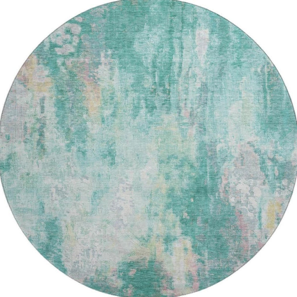 HomeRoots 8' Teal Peach And Ivory Round Area Rug - Modern Abstract Design with Stain Resistance & UV Protection 695723