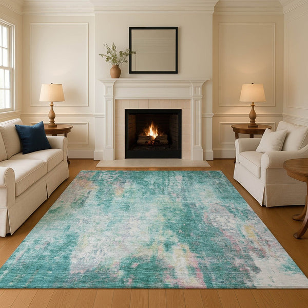 HomeRoots 8' X 10' Teal Peach Ivory Abstract Area Rug - Stylish Washable, UV Protected, Family Friendly Decor 695724