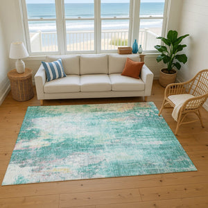 HomeRoots 8' X 10' Teal Peach Ivory Abstract Area Rug - Stylish Washable, UV Protected, Family Friendly Decor 695724
