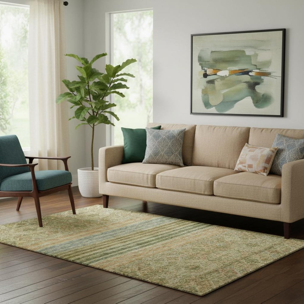 HomeRoots 5' X 8' Artichoke Green Striped Area Rug – Washable, UV-Protected, Stylish, and Durable for Homes 695728