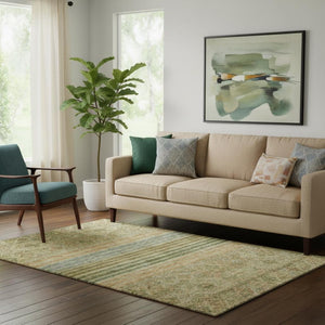 HomeRoots 5' X 8' Artichoke Green Striped Area Rug – Washable, UV-Protected, Stylish, and Durable for Homes 695728