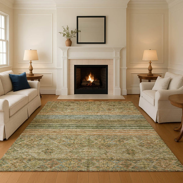 HomeRoots 5' X 8' Artichoke Green Striped Area Rug – Washable, UV-Protected, Stylish, and Durable for Homes 695728