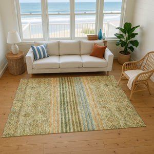 HomeRoots 5' X 8' Artichoke Green Striped Area Rug – Washable, UV-Protected, Stylish, and Durable for Homes 695728