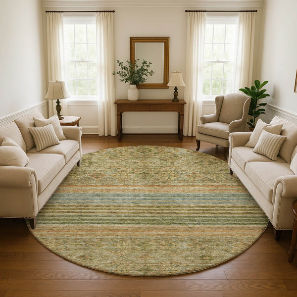 HomeRoots 8' Artichoke Green Copper Striped Washable Round Rug - UV Protected, Stain-Resistant & Durable! 695729