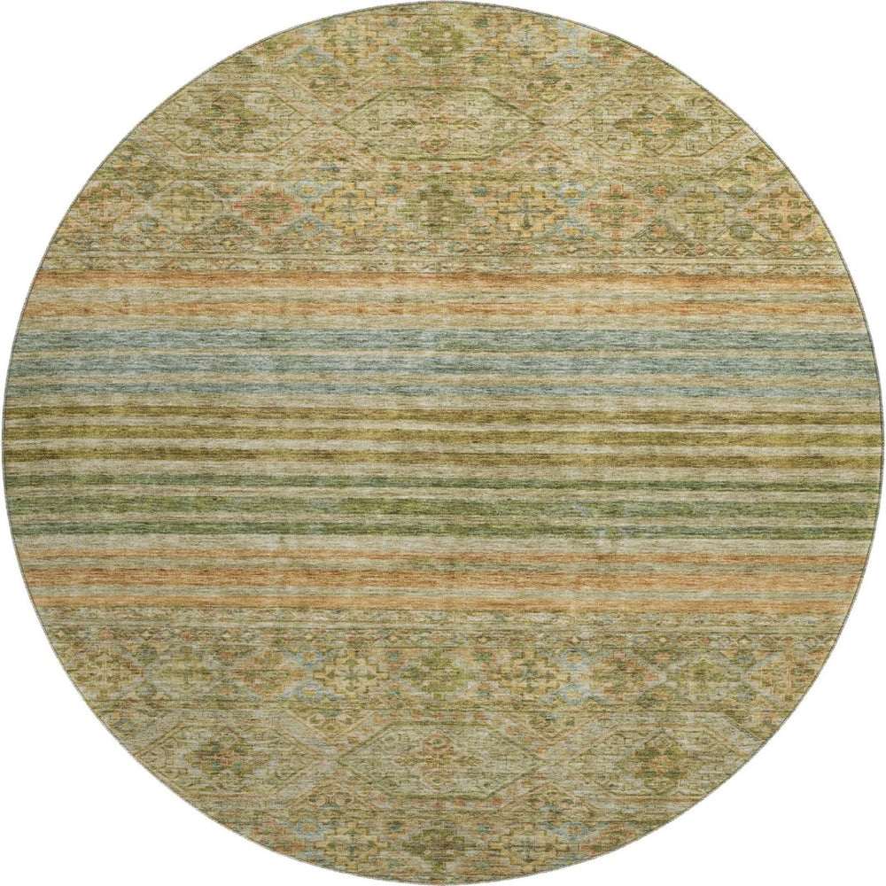 HomeRoots 8' Artichoke Green Copper Striped Washable Round Rug - UV Protected, Stain-Resistant & Durable! 695729
