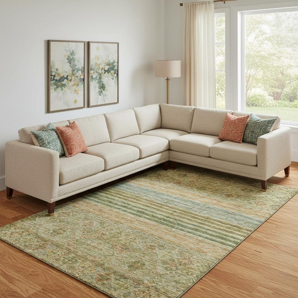 HomeRoots 9' Artichoke Green Copper Gray Striped Washable Area Rug - UV Protected, Stain-Resistant & Stylish! 695731