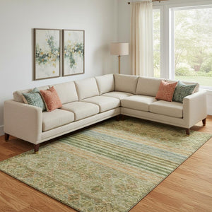 HomeRoots 9' Artichoke Green Copper Gray Striped Washable Area Rug - UV Protected, Stain-Resistant & Stylish! 695731