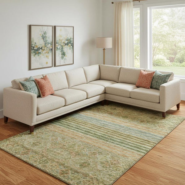 HomeRoots 9' Artichoke Green Copper Gray Striped Washable Area Rug - UV Protected, Stain-Resistant & Stylish! 695731