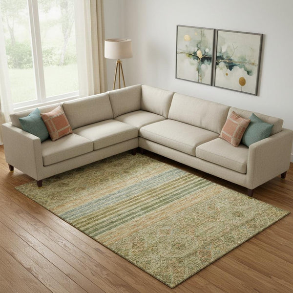 HomeRoots 10' Artichoke Green Copper and Gray Striped Washable Area Rug – Durable, Stylish, UV Protected Design 695732