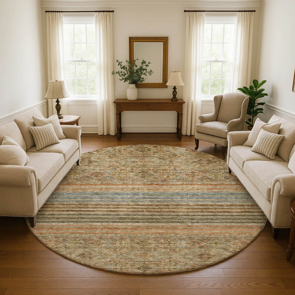 HomeRoots 8' Copper Beige and Brown Striped Round Rug - Washable, UV Protected, Stain-Resistant & Stylish! 695735