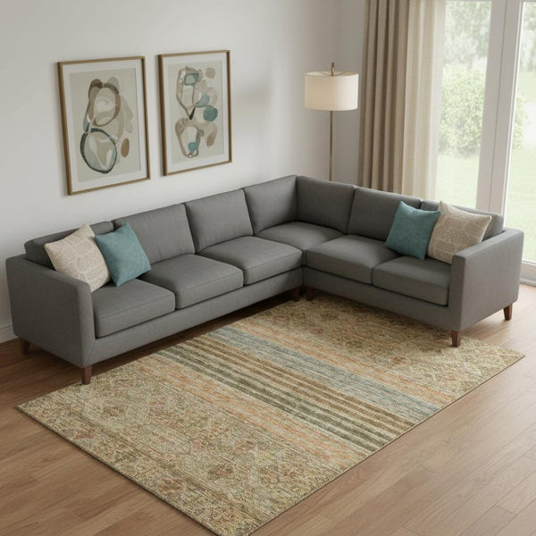 HomeRoots 10' X 14' Washable Area Rug in Warm Copper Beige & Brown Stripes - UV Protected & Stain Resistant 695738