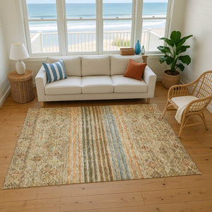 HomeRoots 10' X 14' Washable Area Rug in Warm Copper Beige & Brown Stripes - UV Protected & Stain Resistant 695738