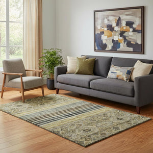 HomeRoots 5' X 8' Washable Striped Area Rug in Gray, Gold & Brown – UV Protected, Kid & Pet Friendly Design! 695740