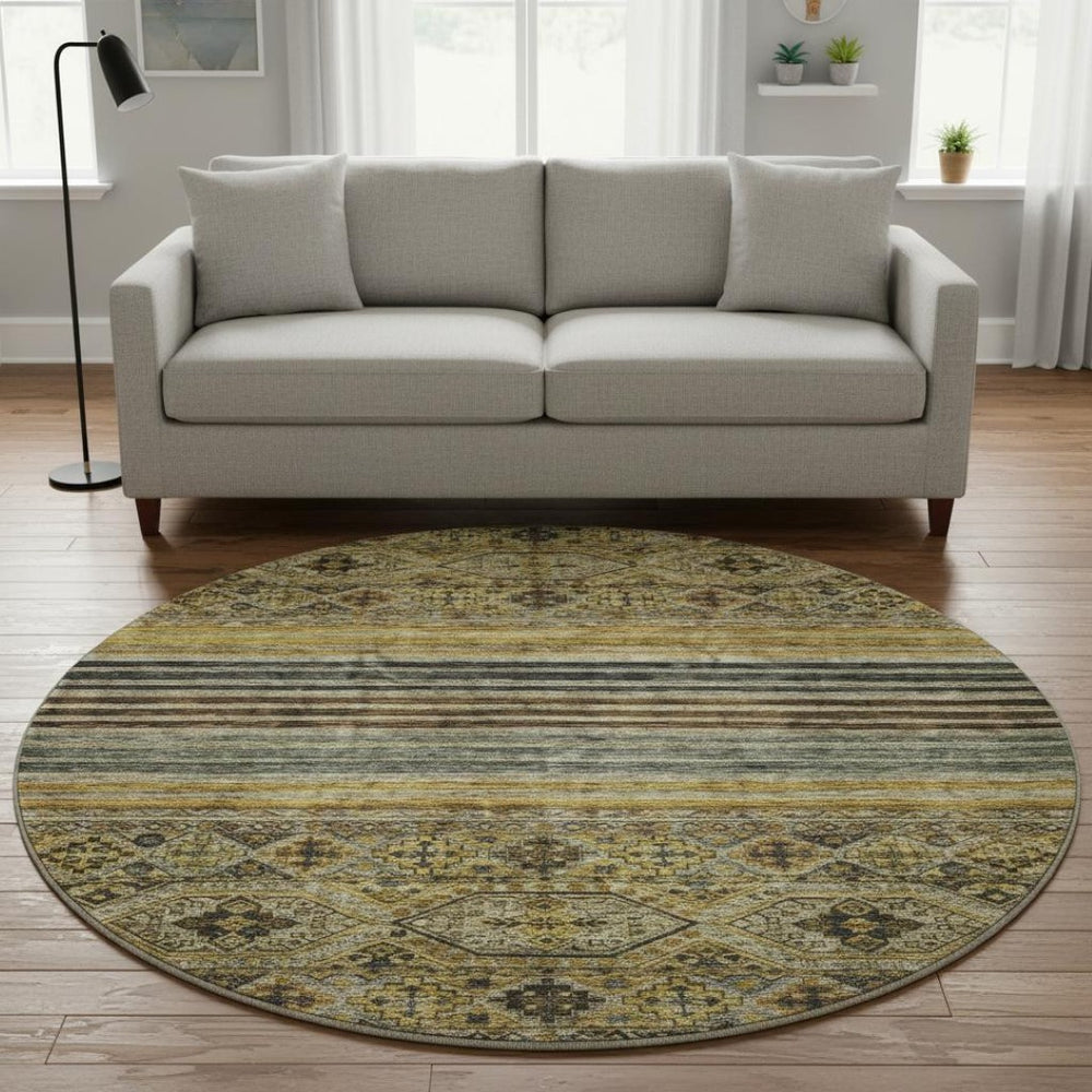 HomeRoots 8' Gray Gold and Brown Striped Washable Round Rug - UV Protected, Durable, and Stylish for Any Space 695741