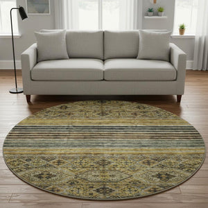 HomeRoots 8' Gray Gold and Brown Striped Washable Round Rug - UV Protected, Durable, and Stylish for Any Space 695741