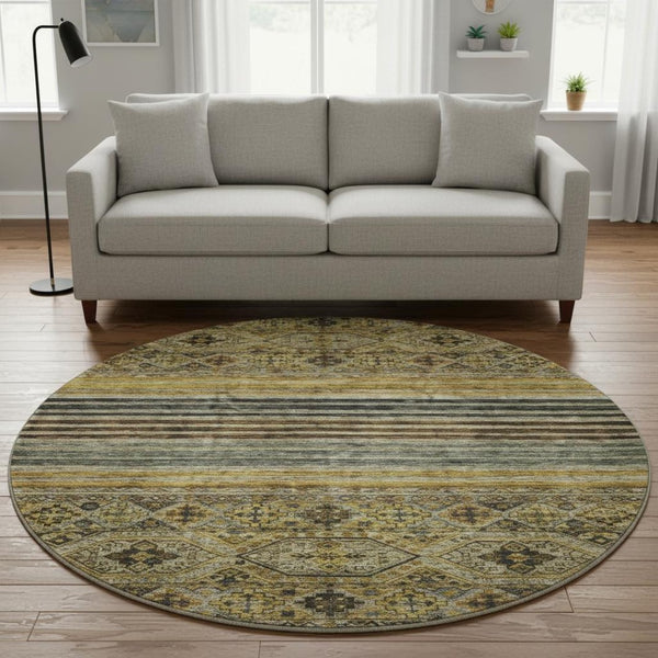 HomeRoots 8' Gray Gold and Brown Striped Washable Round Rug - UV Protected, Durable, and Stylish for Any Space 695741