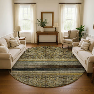 HomeRoots 8' Gray Gold and Brown Striped Washable Round Rug - UV Protected, Durable, and Stylish for Any Space 695741