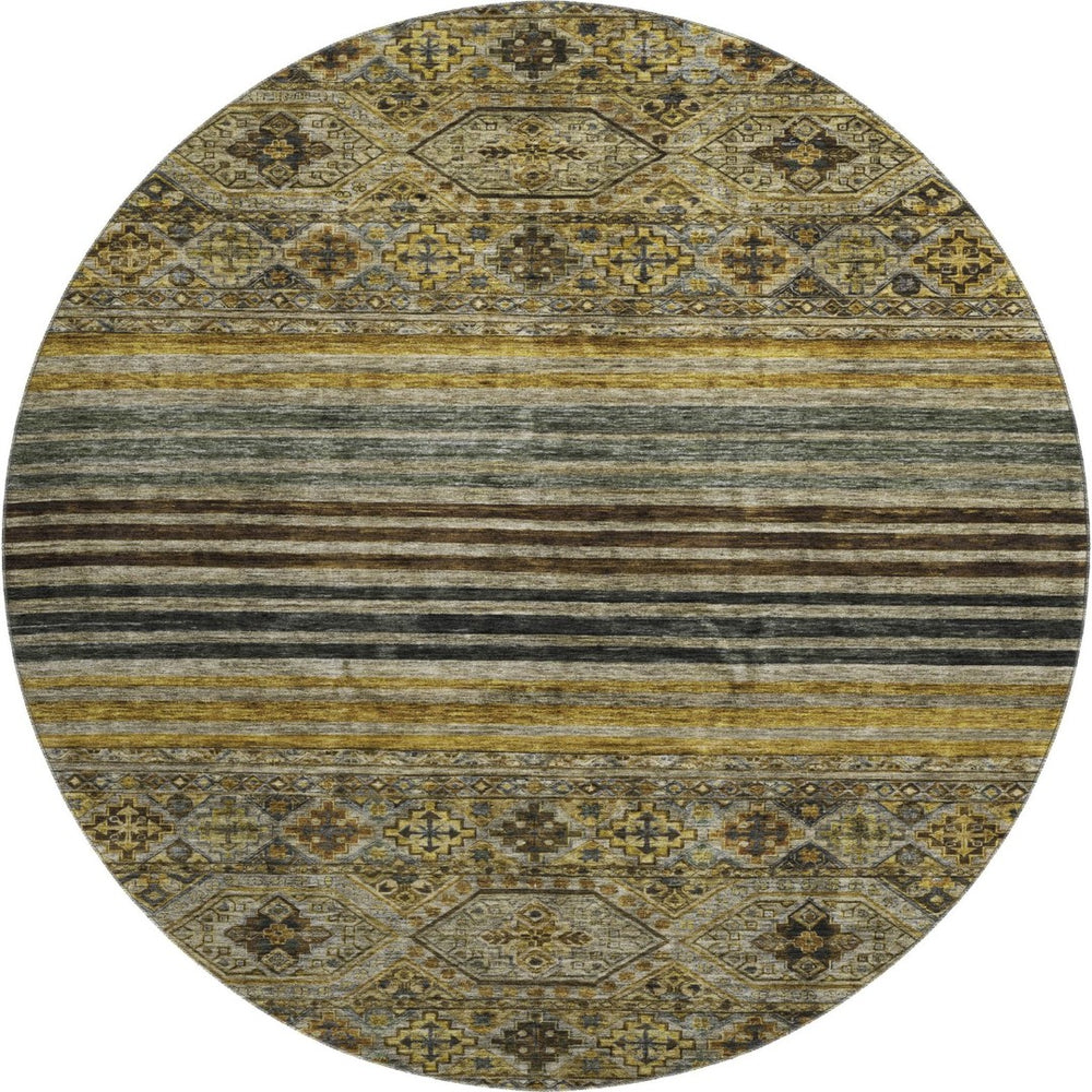 HomeRoots 8' Gray Gold and Brown Striped Washable Round Rug - UV Protected, Durable, and Stylish for Any Space 695741