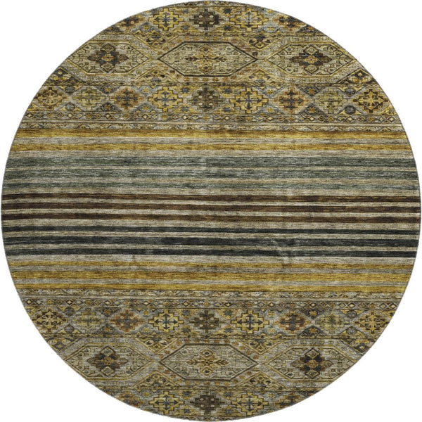 HomeRoots 8' Gray Gold and Brown Striped Washable Round Rug - UV Protected, Durable, and Stylish for Any Space 695741