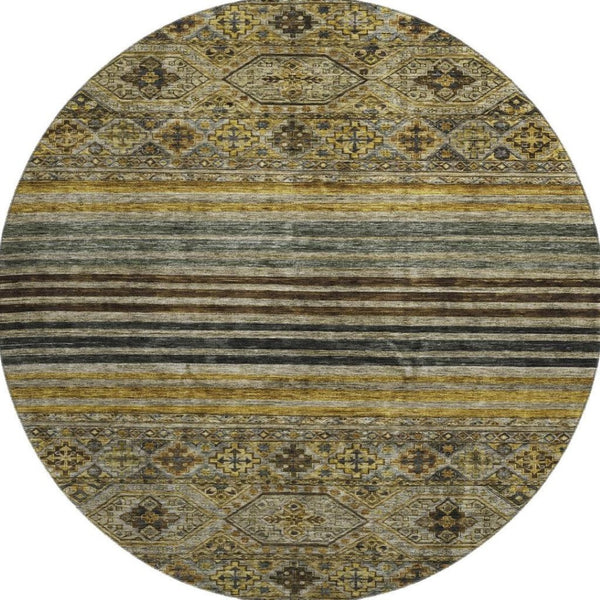 HomeRoots 8' Gray Gold and Brown Striped Washable Round Rug - UV Protected, Durable, and Stylish for Any Space 695741