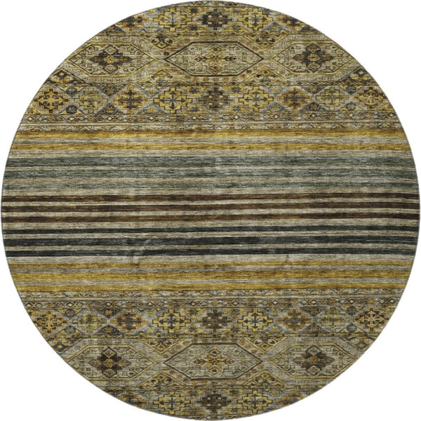 HomeRoots 8' Gray Gold and Brown Striped Washable Round Rug - UV Protected, Durable, and Stylish for Any Space 695741