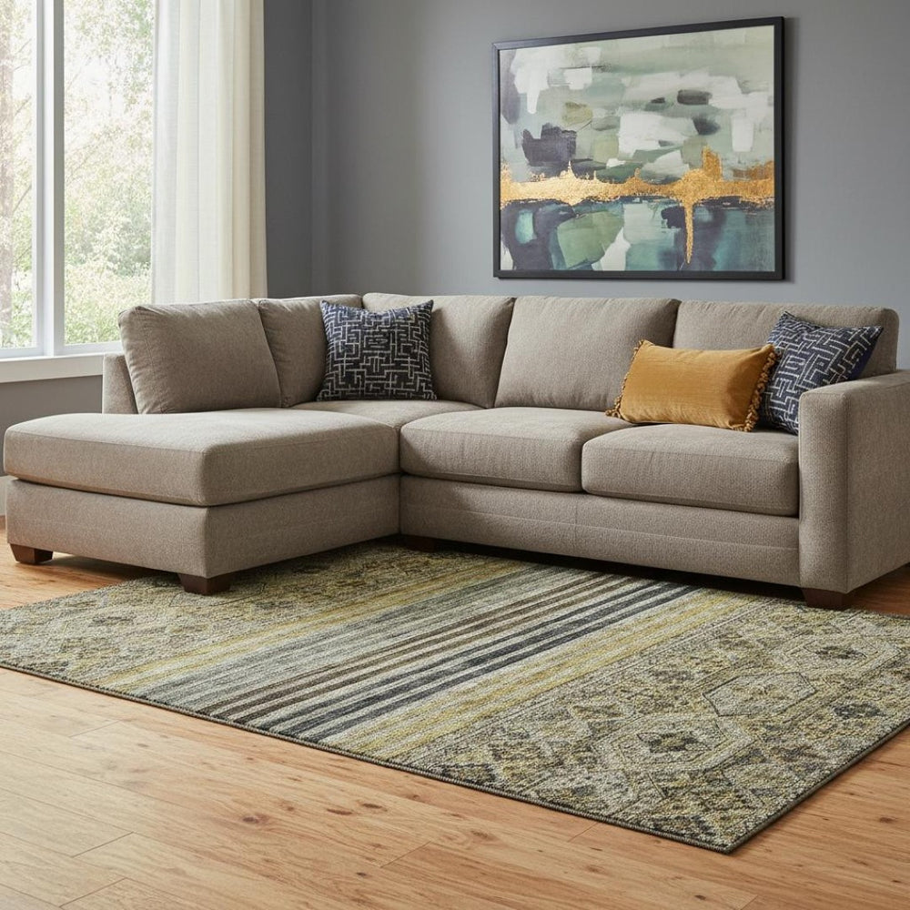 HomeRoots 8' X 10' Striped Washable Area Rug in Gray, Gold & Brown - UV Protected for High-Traffic Spaces 695742