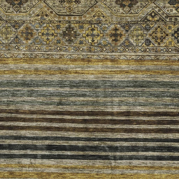 HomeRoots 8' X 10' Striped Washable Area Rug in Gray, Gold & Brown - UV Protected for High-Traffic Spaces 695742
