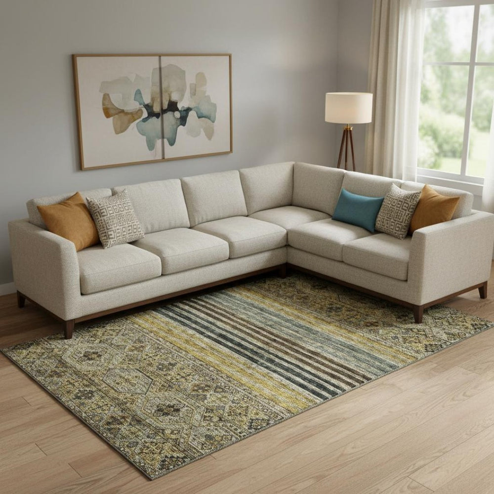 HomeRoots 9' X 12' Washable Striped Area Rug in Gray, Gold & Brown – UV Protected, Durable & Stylish Design 695743