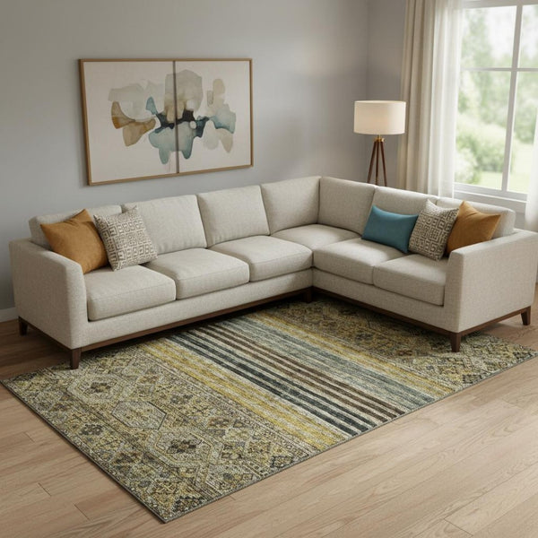 HomeRoots 9' X 12' Washable Striped Area Rug in Gray, Gold & Brown – UV Protected, Durable & Stylish Design 695743