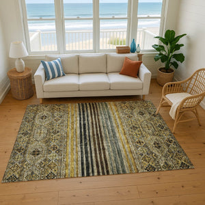 HomeRoots 9' X 12' Washable Striped Area Rug in Gray, Gold & Brown – UV Protected, Durable & Stylish Design 695743