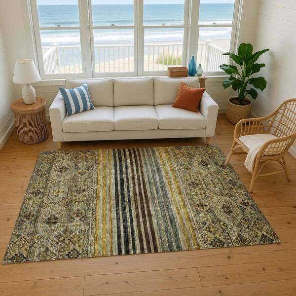 HomeRoots 9' X 12' Washable Striped Area Rug in Gray, Gold & Brown – UV Protected, Durable & Stylish Design 695743