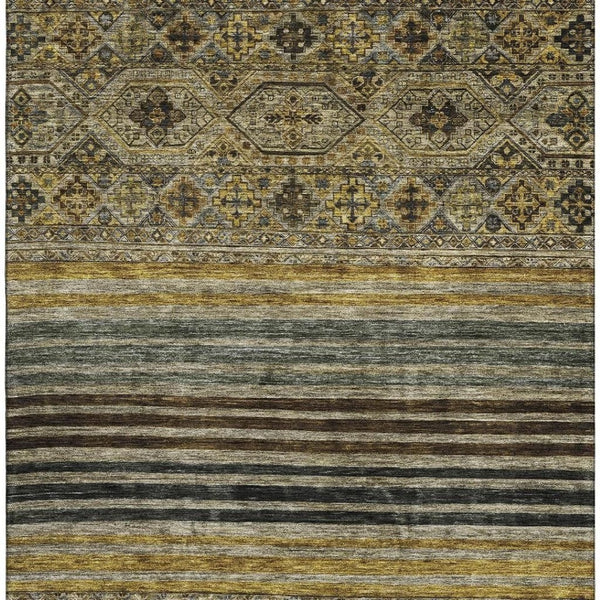 HomeRoots 9' X 12' Washable Striped Area Rug in Gray, Gold & Brown – UV Protected, Durable & Stylish Design 695743