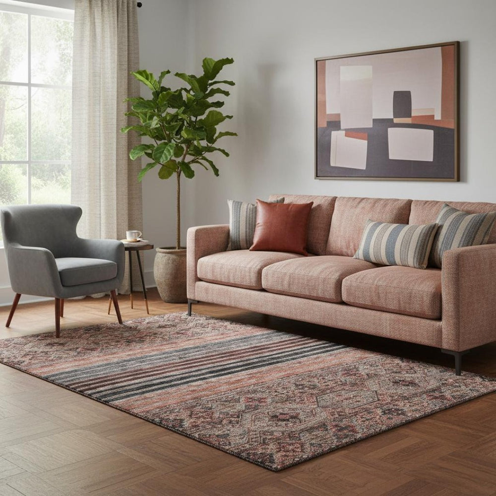 HomeRoots 5' X 8' Washable Rust Gray & Salmon Striped Area Rug with UV Protection for Stylish Comfort & Durability 695746