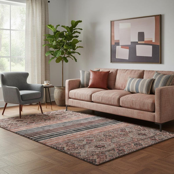 HomeRoots 5' X 8' Washable Rust Gray & Salmon Striped Area Rug with UV Protection for Stylish Comfort & Durability 695746