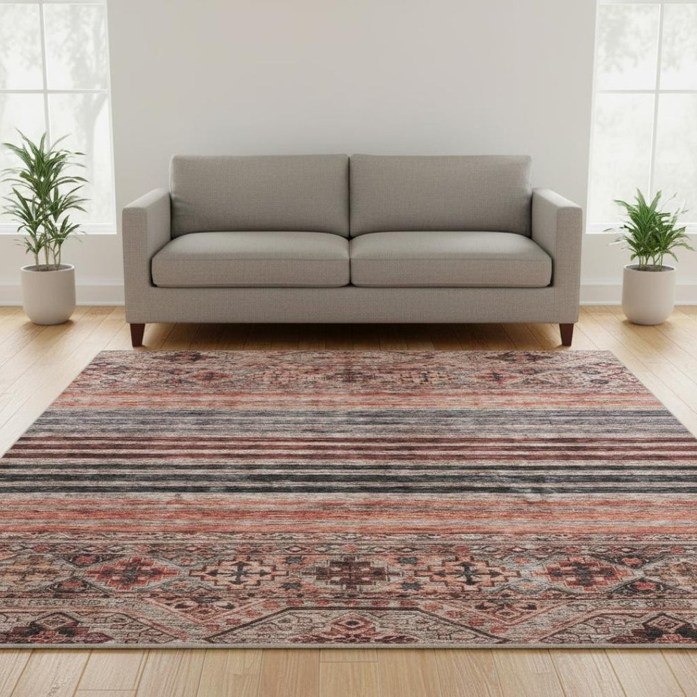 HomeRoots 8' Stylish Rust Gray and Salmon Striped Round Rug – Washable, UV-Protected, Ideal for Busy Homes 695747