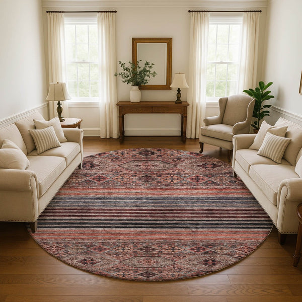 HomeRoots 8' Stylish Rust Gray and Salmon Striped Round Rug – Washable, UV-Protected, Ideal for Busy Homes 695747