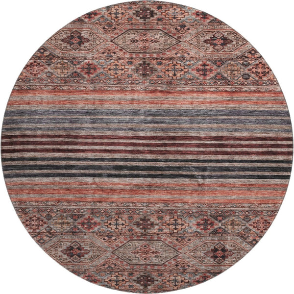 HomeRoots 8' Stylish Rust Gray and Salmon Striped Round Rug – Washable, UV-Protected, Ideal for Busy Homes 695747
