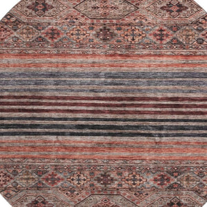 HomeRoots 8' Stylish Rust Gray and Salmon Striped Round Rug – Washable, UV-Protected, Ideal for Busy Homes 695747