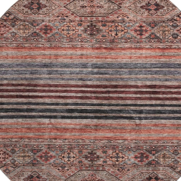 HomeRoots 8' Stylish Rust Gray and Salmon Striped Round Rug – Washable, UV-Protected, Ideal for Busy Homes 695747