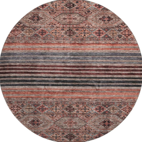 HomeRoots 8' Stylish Rust Gray and Salmon Striped Round Rug – Washable, UV-Protected, Ideal for Busy Homes 695747