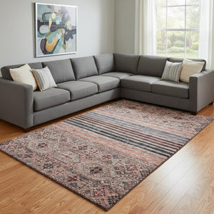 HomeRoots 8' X 10' Washable Area Rug in Rust Gray & Salmon Stripes - Durable, UV Protected, Stylish & Easy Care 695748