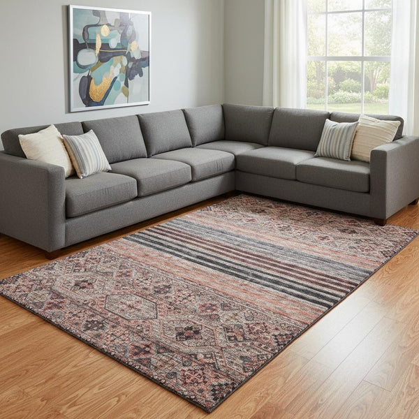 HomeRoots 8' X 10' Washable Area Rug in Rust Gray & Salmon Stripes - Durable, UV Protected, Stylish & Easy Care 695748