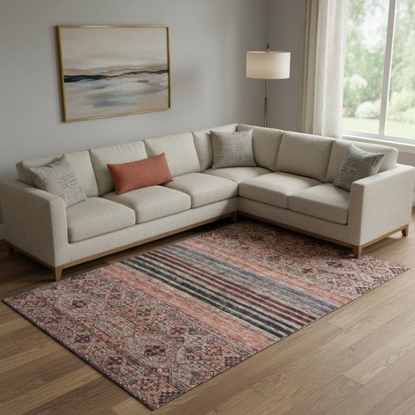 HomeRoots 9' X 12' Stylish Rust Gray & Salmon Striped Washable Rug with UV Protection for High-Traffic Areas 695749
